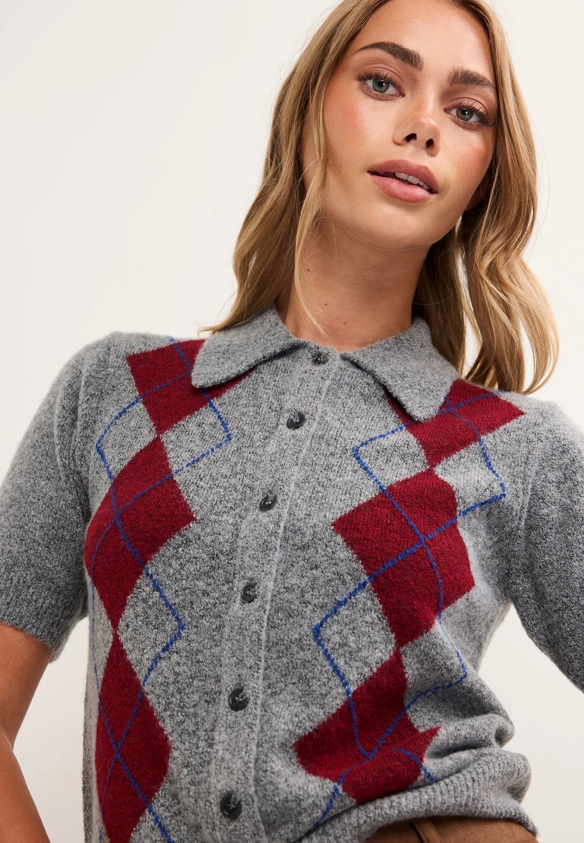 Womens Grey Argyle Collar Cardigan