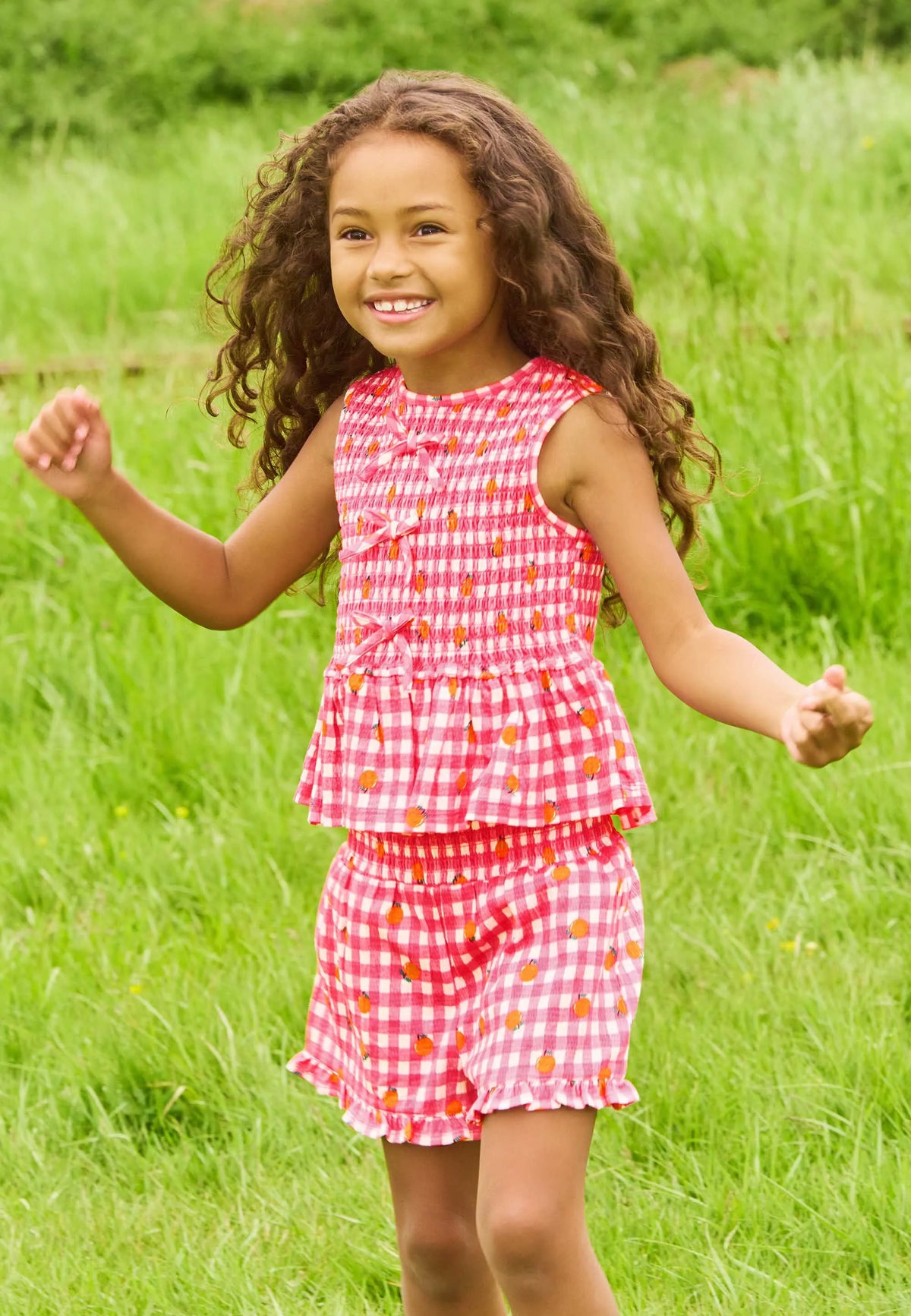Younger Girls Pink Gingham Bow Top and Shorts Set