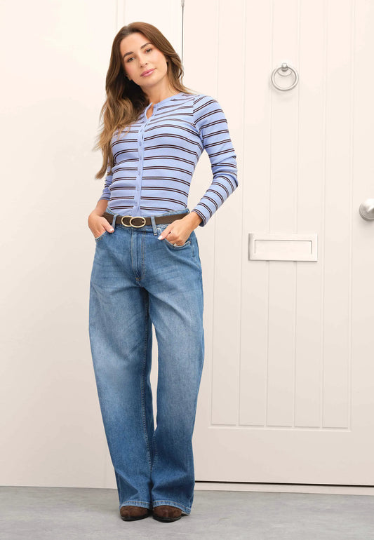 Womens Mid Blue Wash High Rise Wide Leg Jeans