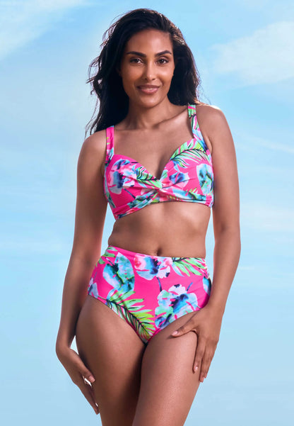 Womens Pink Leaf Print High Waist Bikini Briefs