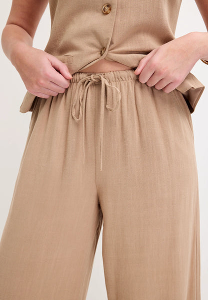 Womens Camel Linen Blend Cropped Wide Leg Trousers