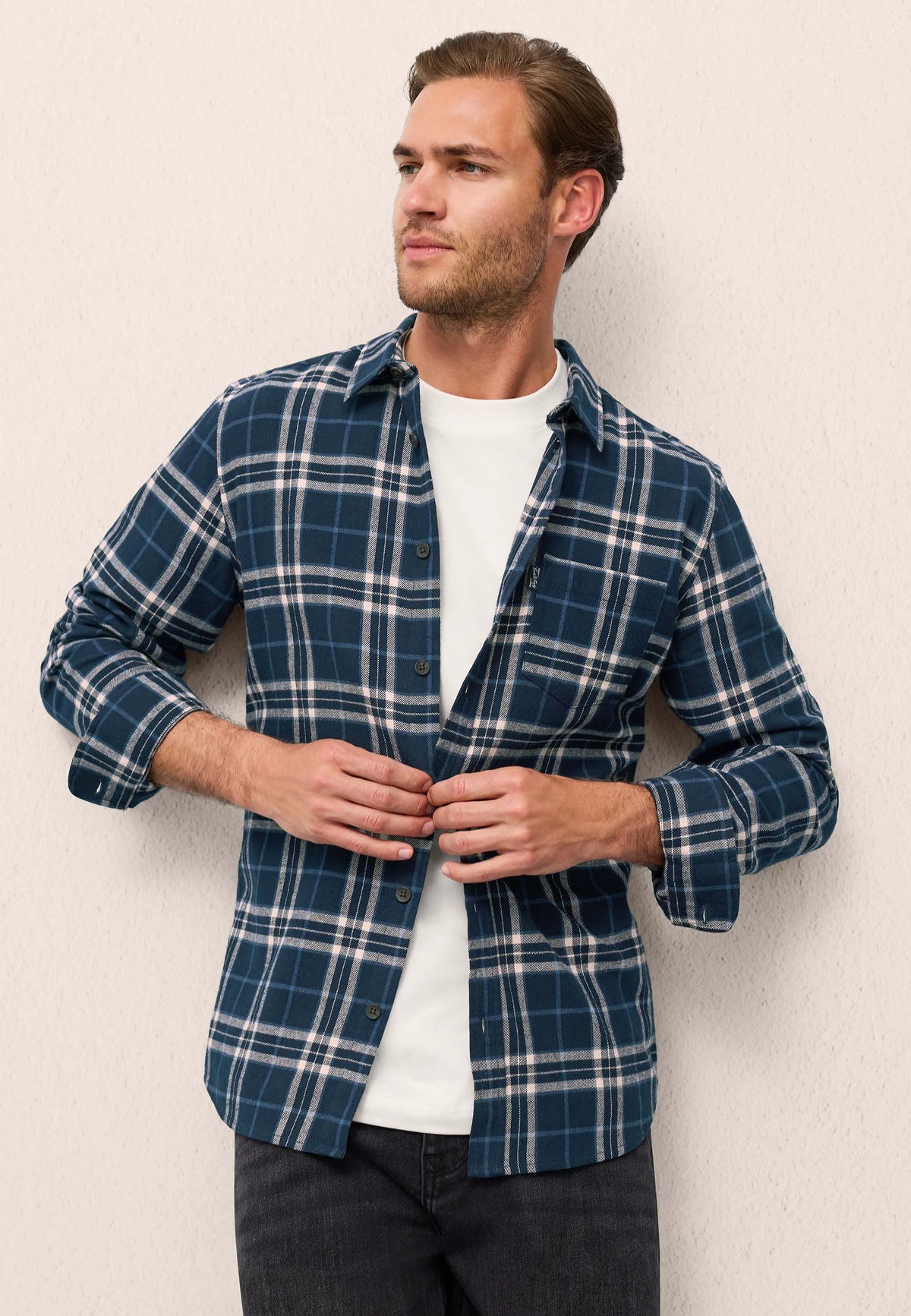 Mens Navy Flannel Check Long Sleeve Shirt
