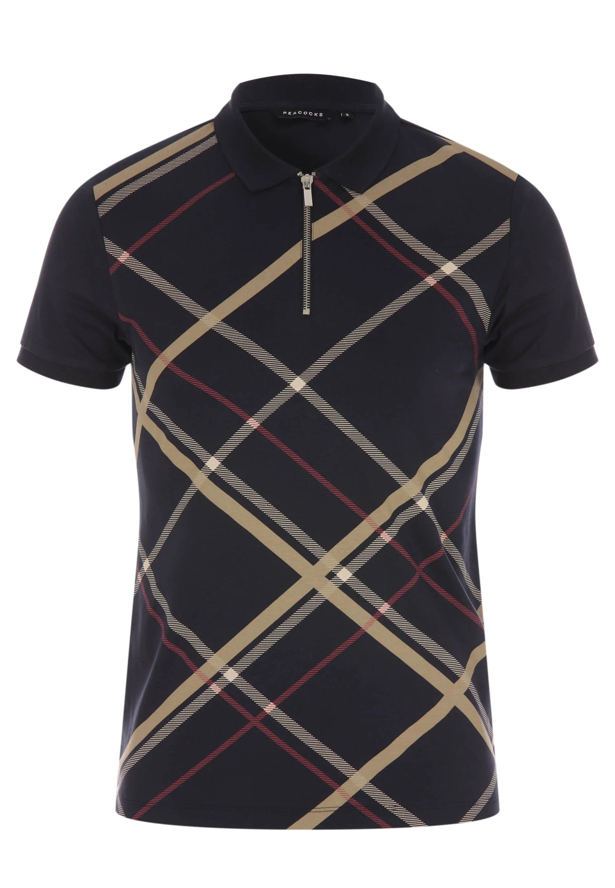Mens Navy Check Cotton Zip Front Polo Shirt