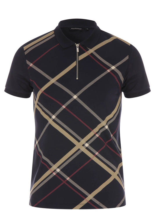 Mens Navy Check Cotton Zip Front Polo Shirt