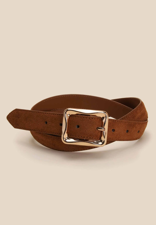 Womens Brown Faux Suede Square Buckle Belt