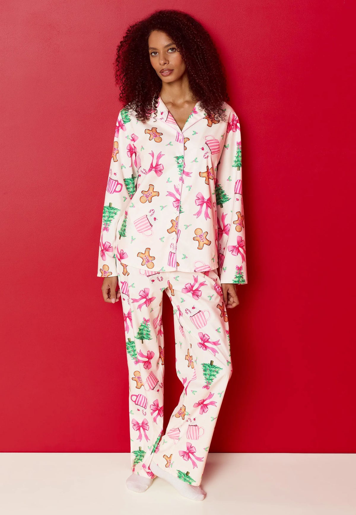 Womens Pink Gingerbread Bow Christmas Family Pyjama Set