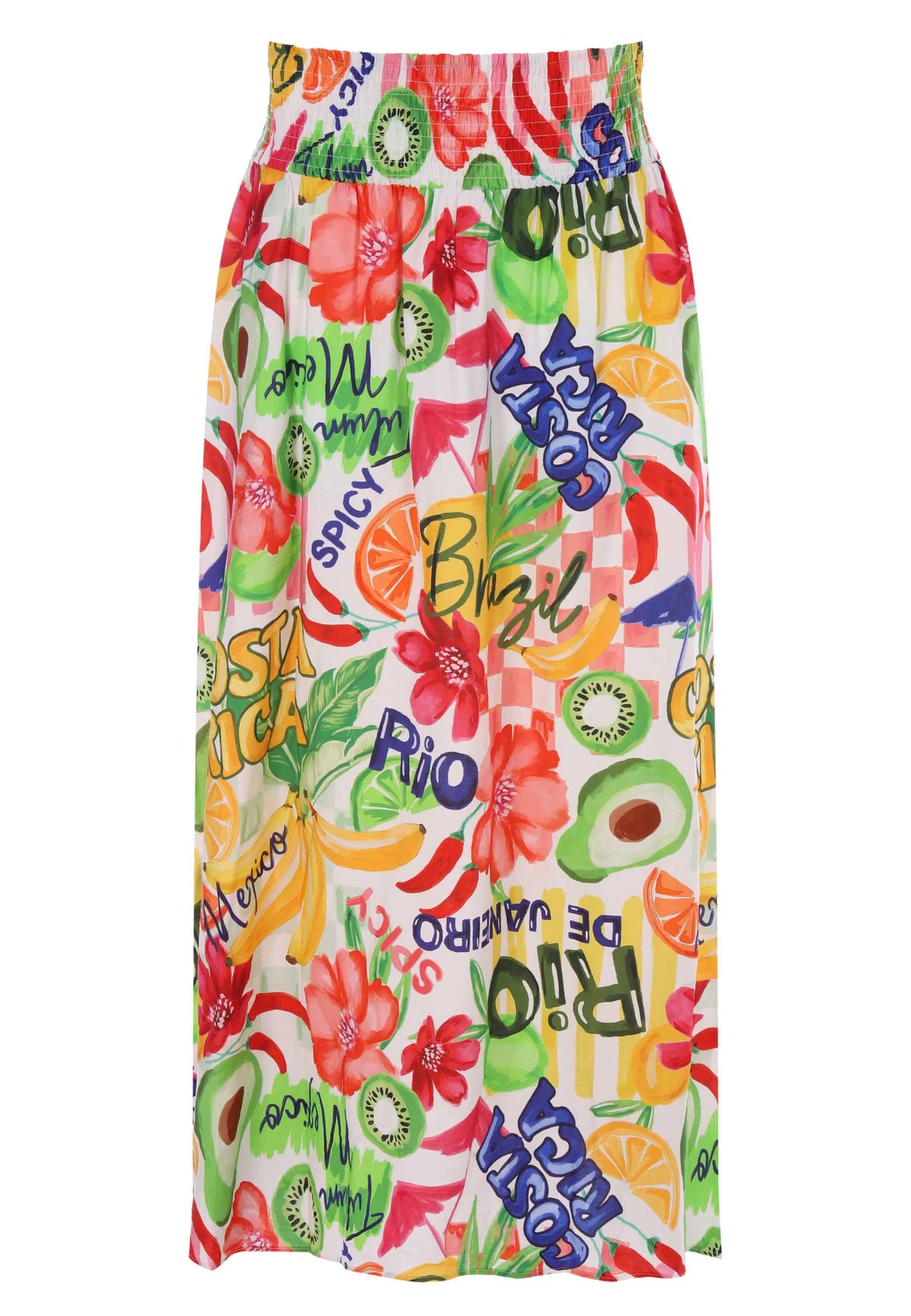 Womens White Tropical Print Shirred Waist Skirt